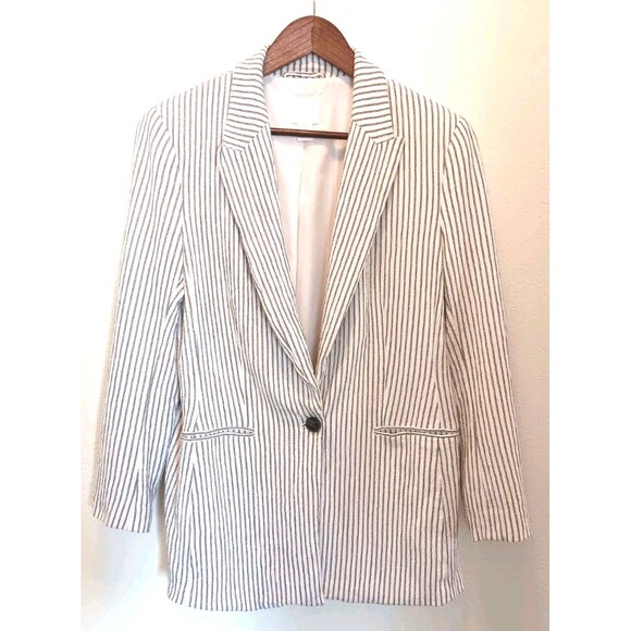 H&M Pinstripe Blazer Women's Sz 12 White Navy Striped Single Button Cotton Blend - Picture 2 of 14
